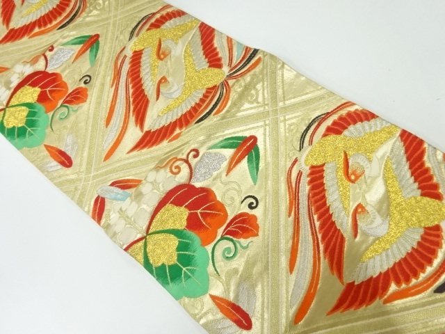 JAPANESE KIMONO / ANTIQUE FUKURO OBI / WOVEN TASUKI LATTICE & BIRDS & PAULOWNIA